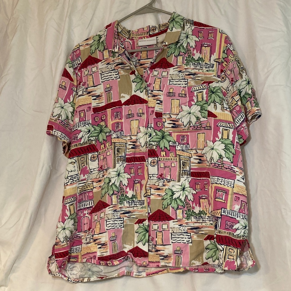 Alfred Dunner Pink and Green Casual Button Down Shirt